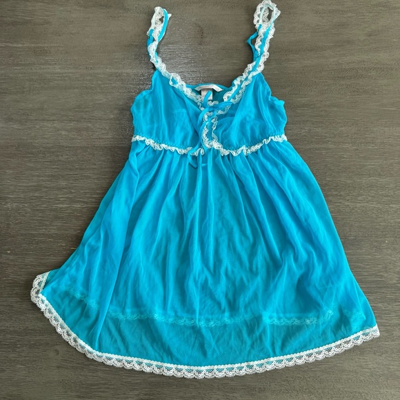 Victorias Secret Sheer Mesh Lace Trim Blue White Babydoll Tank S - Picture 2 of 11